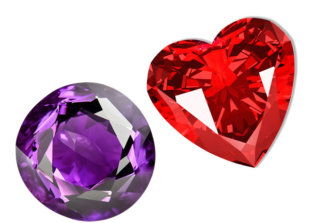 A purple spherical gemstone and a red heart-shaped gemstone against a black background.