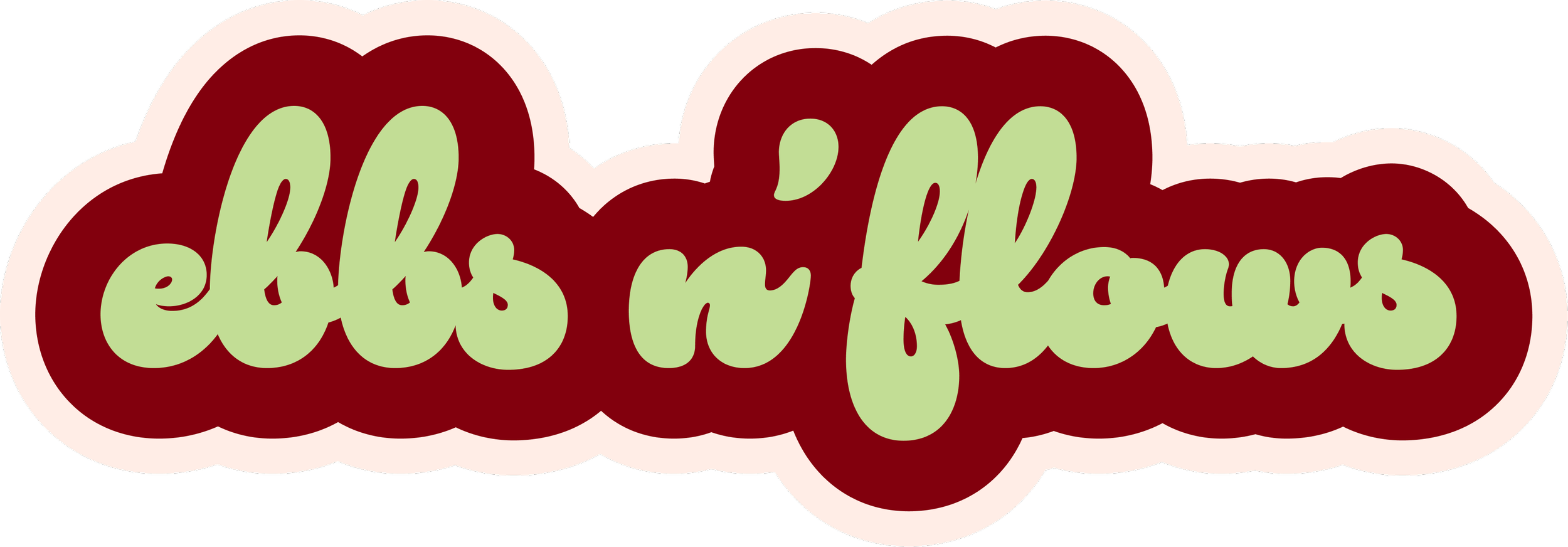 Text that says 'ebbs and flows' with a stylized red and pink background, resembling a sticker or graphic design.