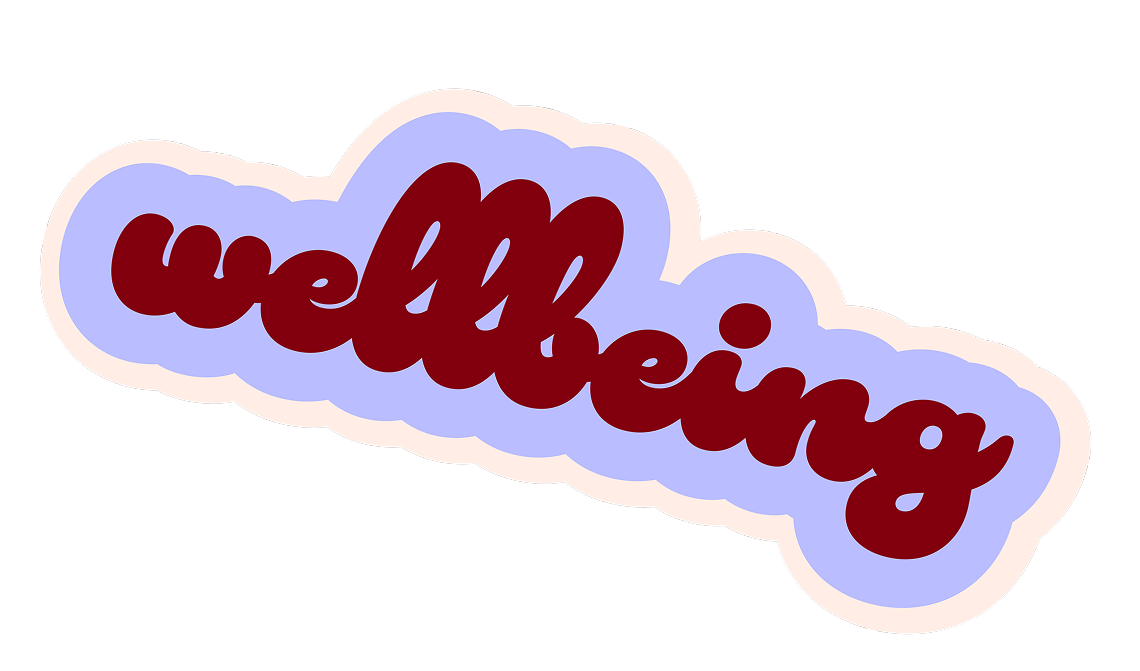 Colorful sticker with the text "Welcoming" in dark red, outlined with a light purple and white border.