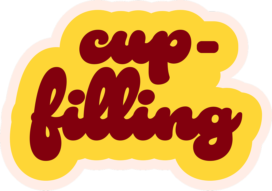 A sticker that reads 'cup-filling' in bold burgundy letters on a yellow background with a pink border.