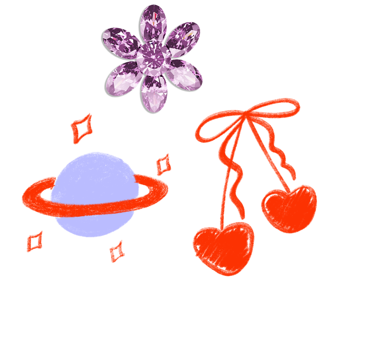 A colorful illustration featuring a purple gemstone flower, a red gift box with a bow, a blue planet with a red ring, and a pair of red cherries with stems.