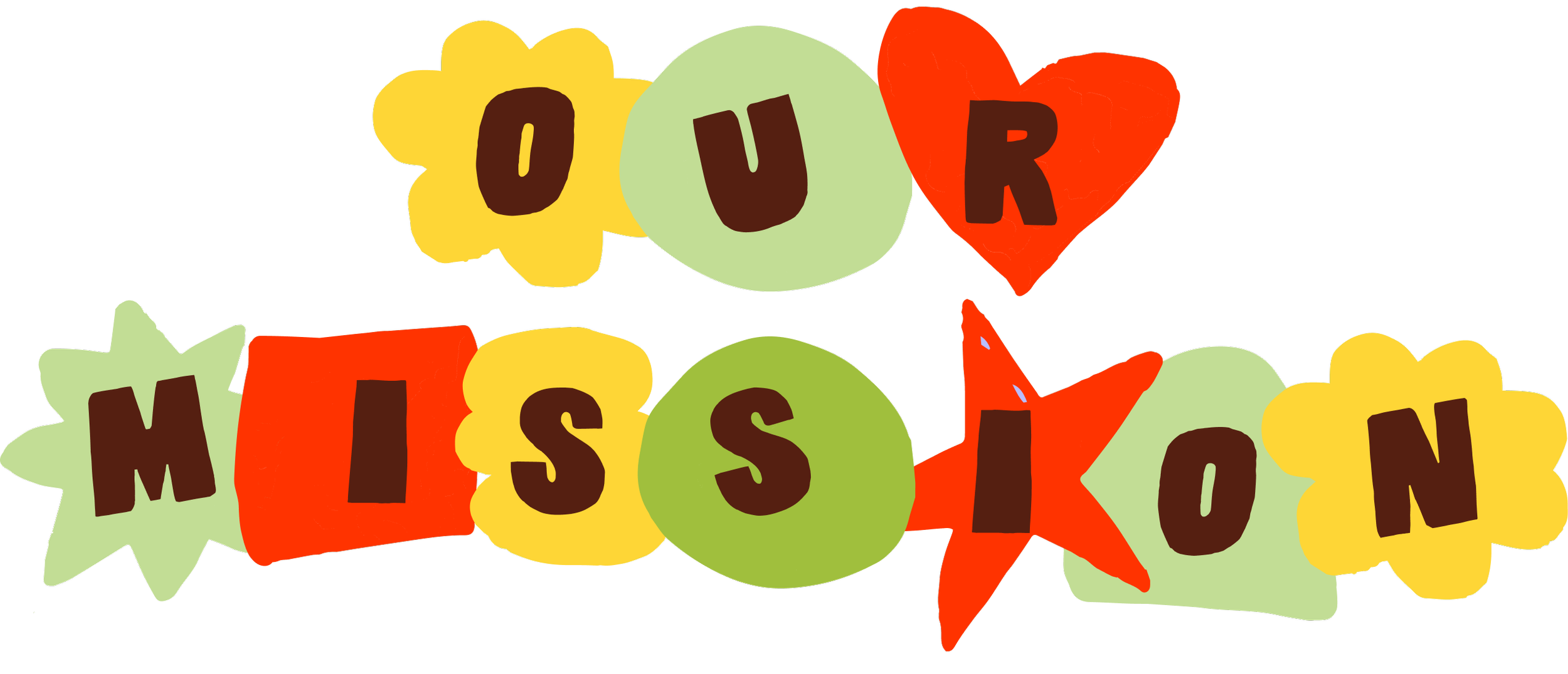 Colorful graphic with the phrase 'Our Miss Konn' in playful, irregular letters, with various shapes including yellow star and flower, green circle, red square, and red heart backgrounds.