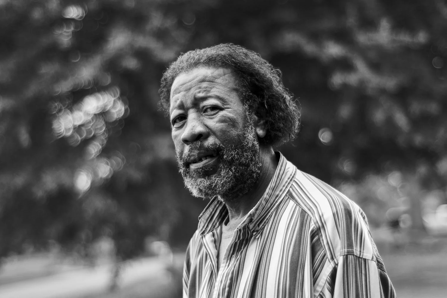 Black and white photo of an older man with a beard and curly hair, wearing a striped shirt, standing outdoors with blurred trees in the background.