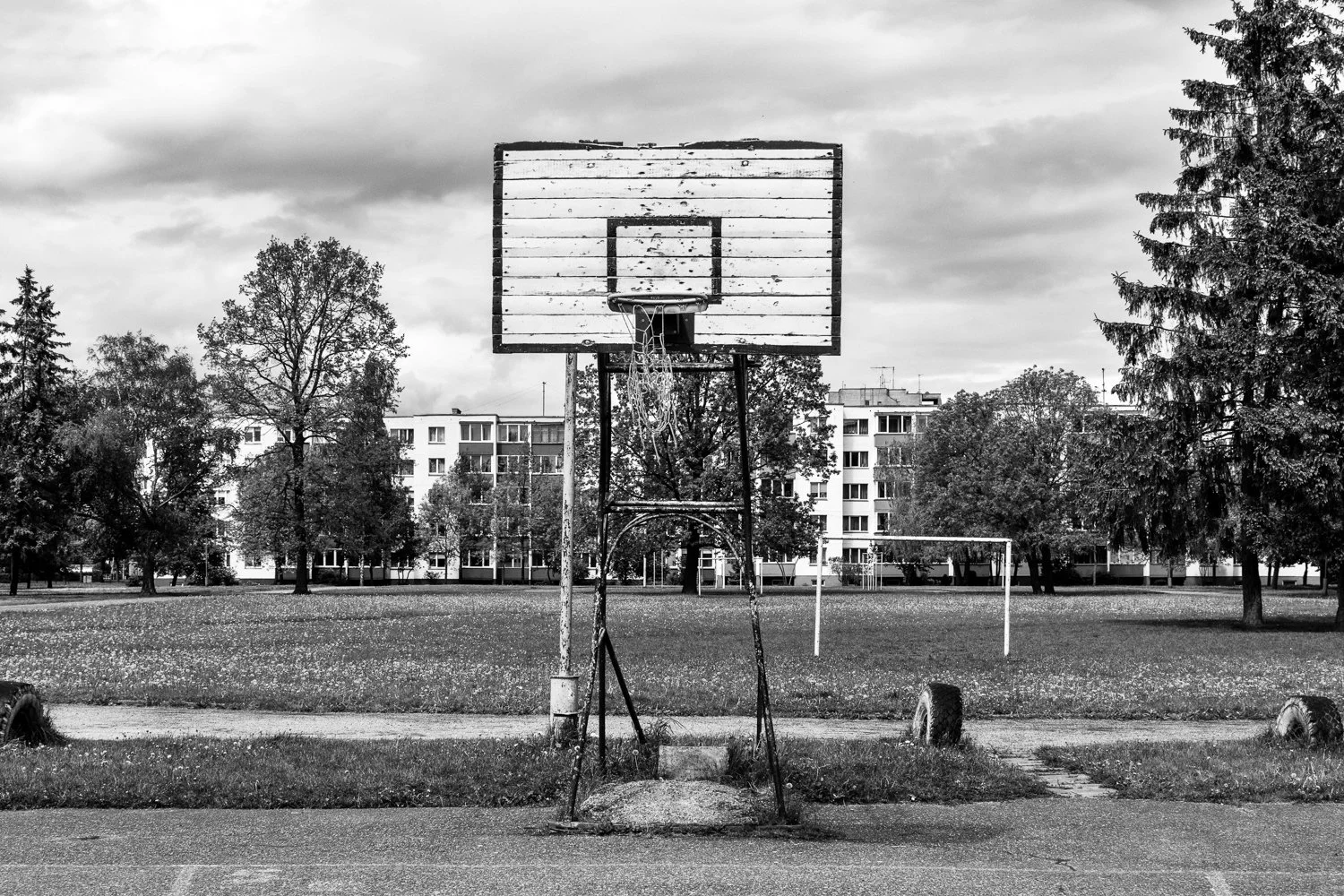 An empty basketball hoop with a worn wooden backboard on a court, surrounded by trees and residential buildings in the background in black and white.