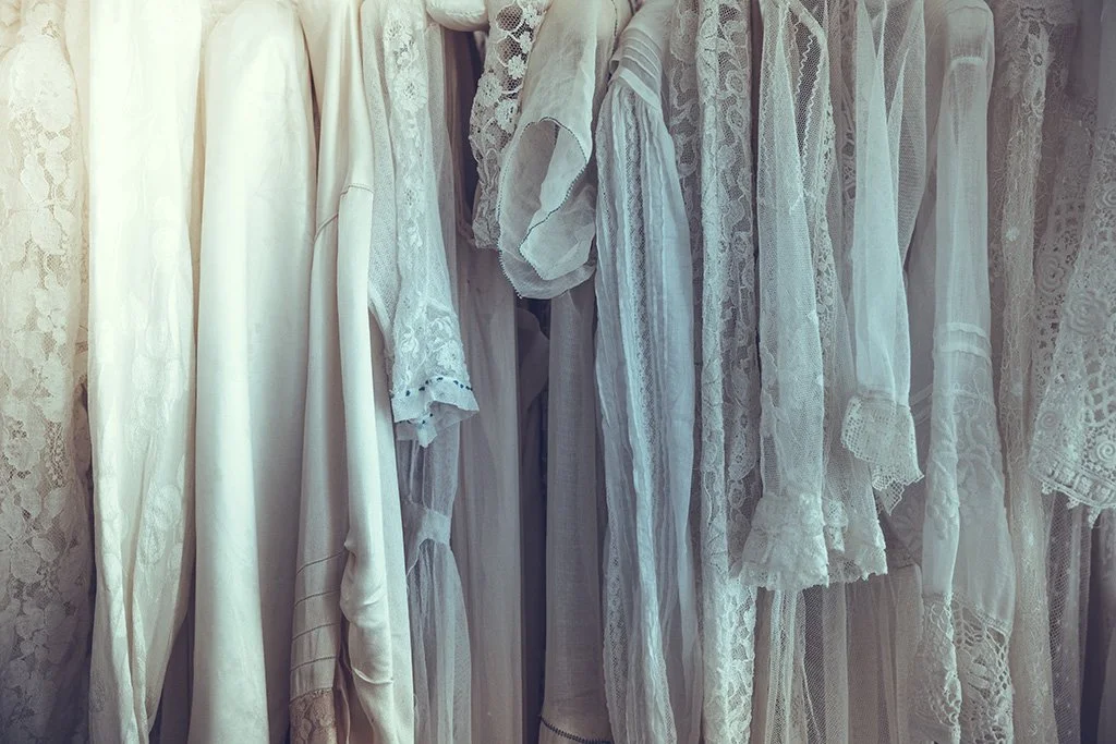 Clothes rail of Vintage wedding dresses in Sussex