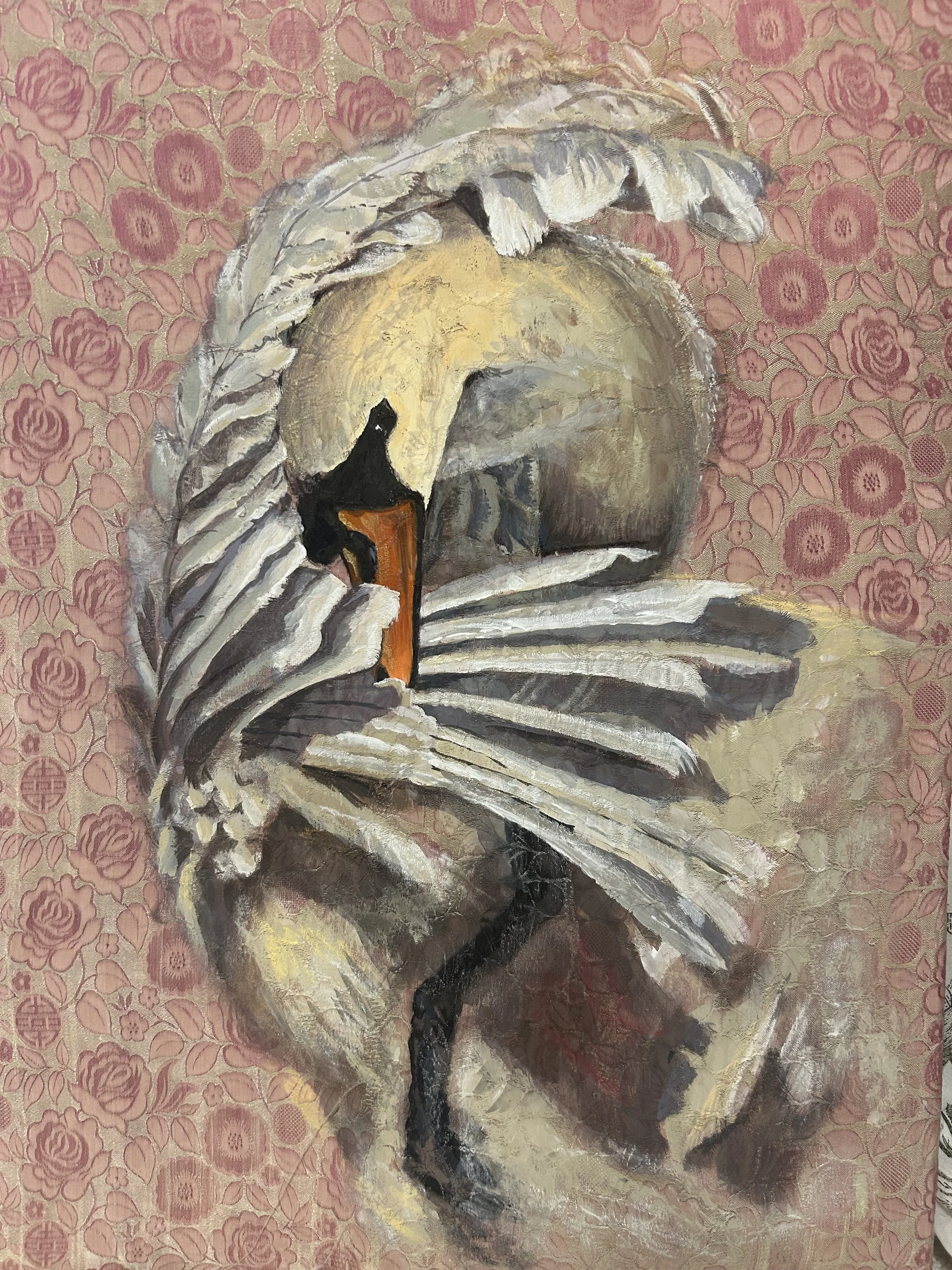swan painting on vintage silk