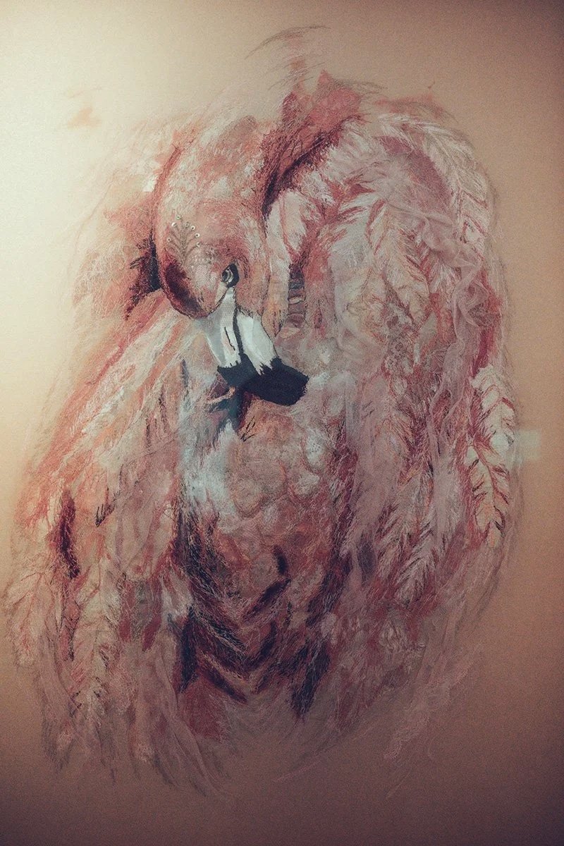 textile art of a preening flamingo by Amy Martin
