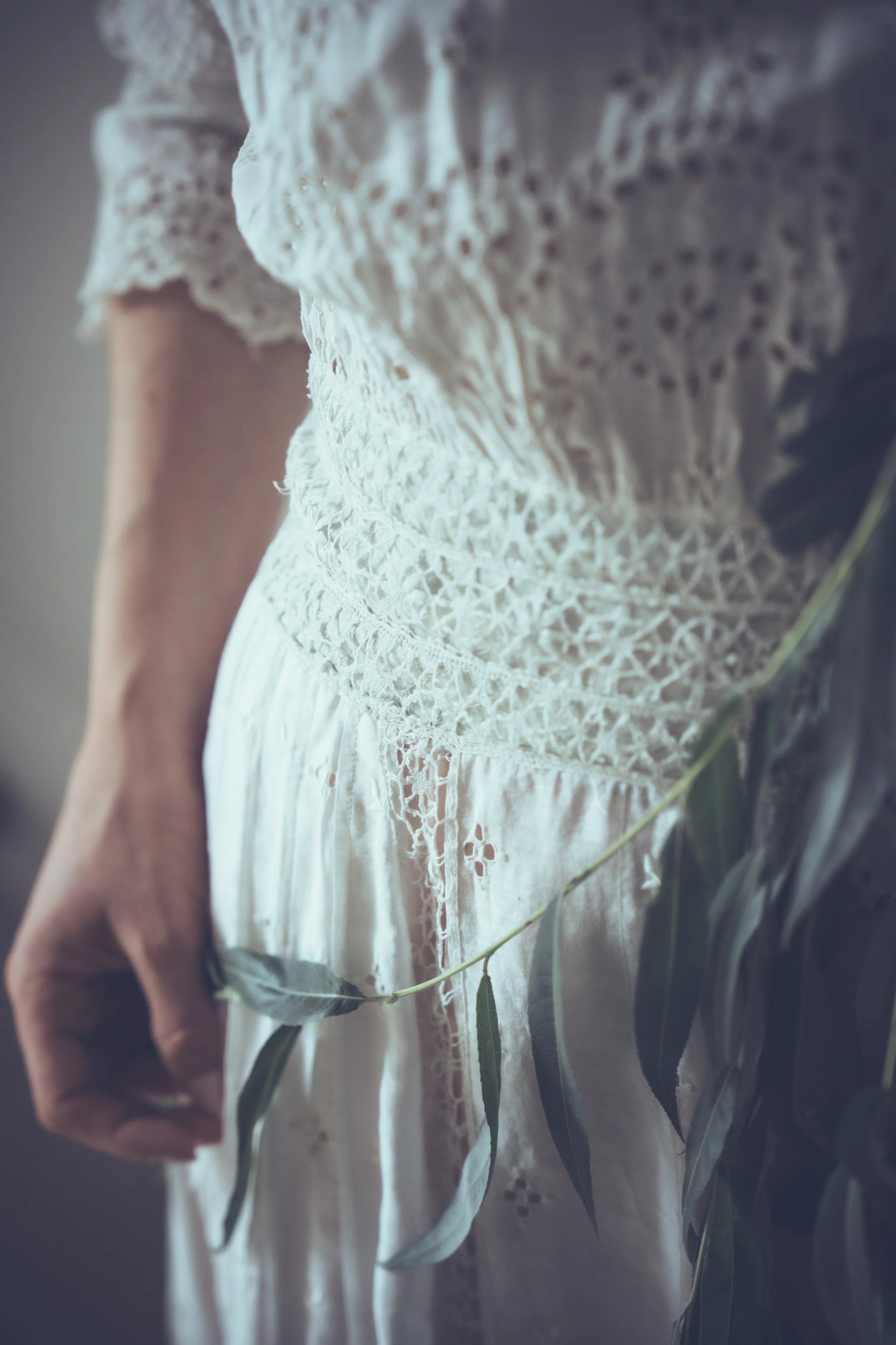 Close-up of a bride wearing a white lace wedding dress, holding a branch with green leaves.