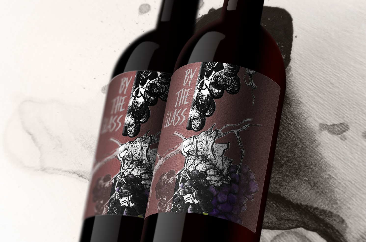 Wine bottle label design with hand drawn illustrations in a design studio in London.