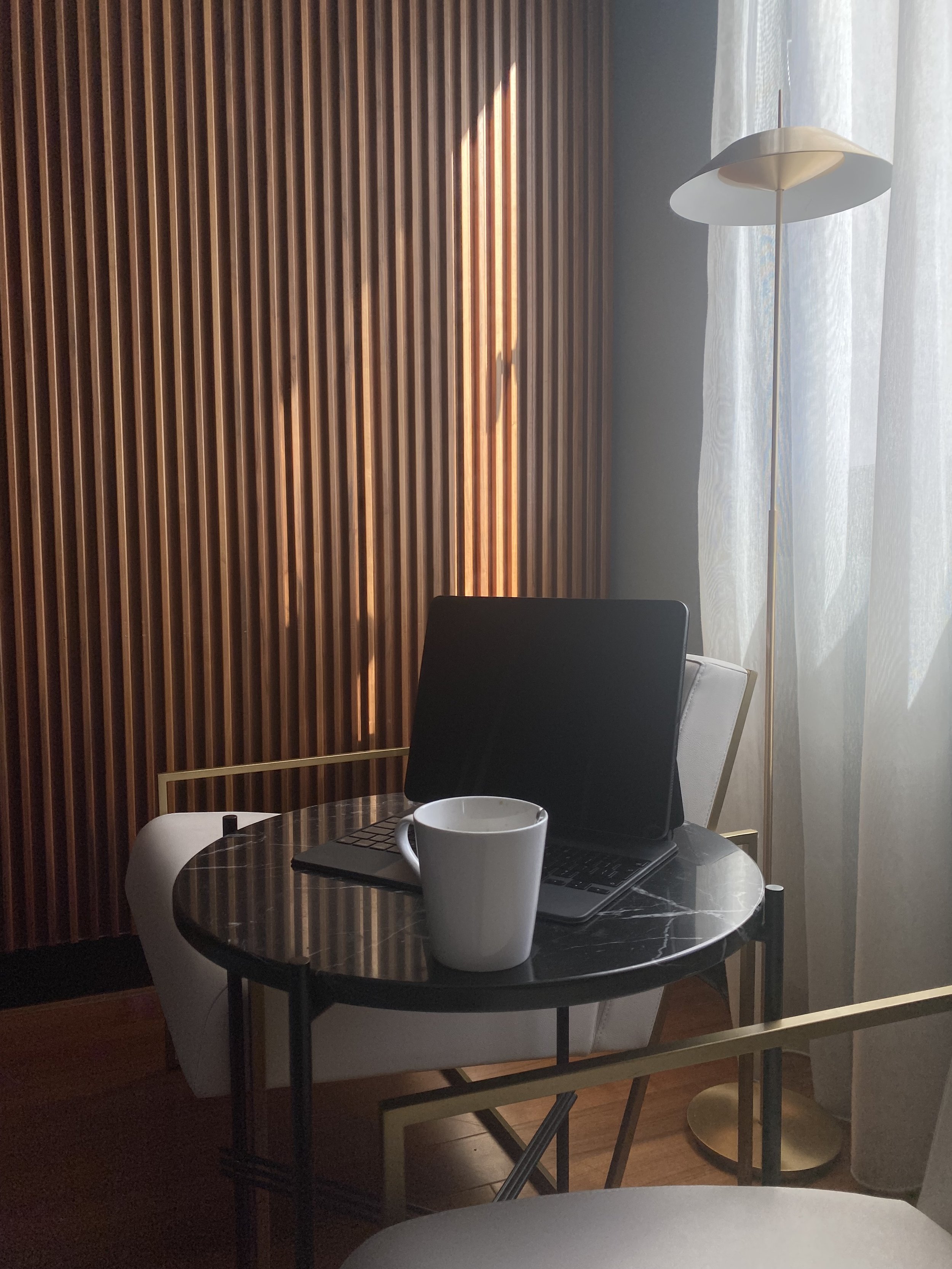Client meeting in Barcelona with Cintia Fauszt Design Studio, over a coffee in a restaurant at Hyatt Hotels.
