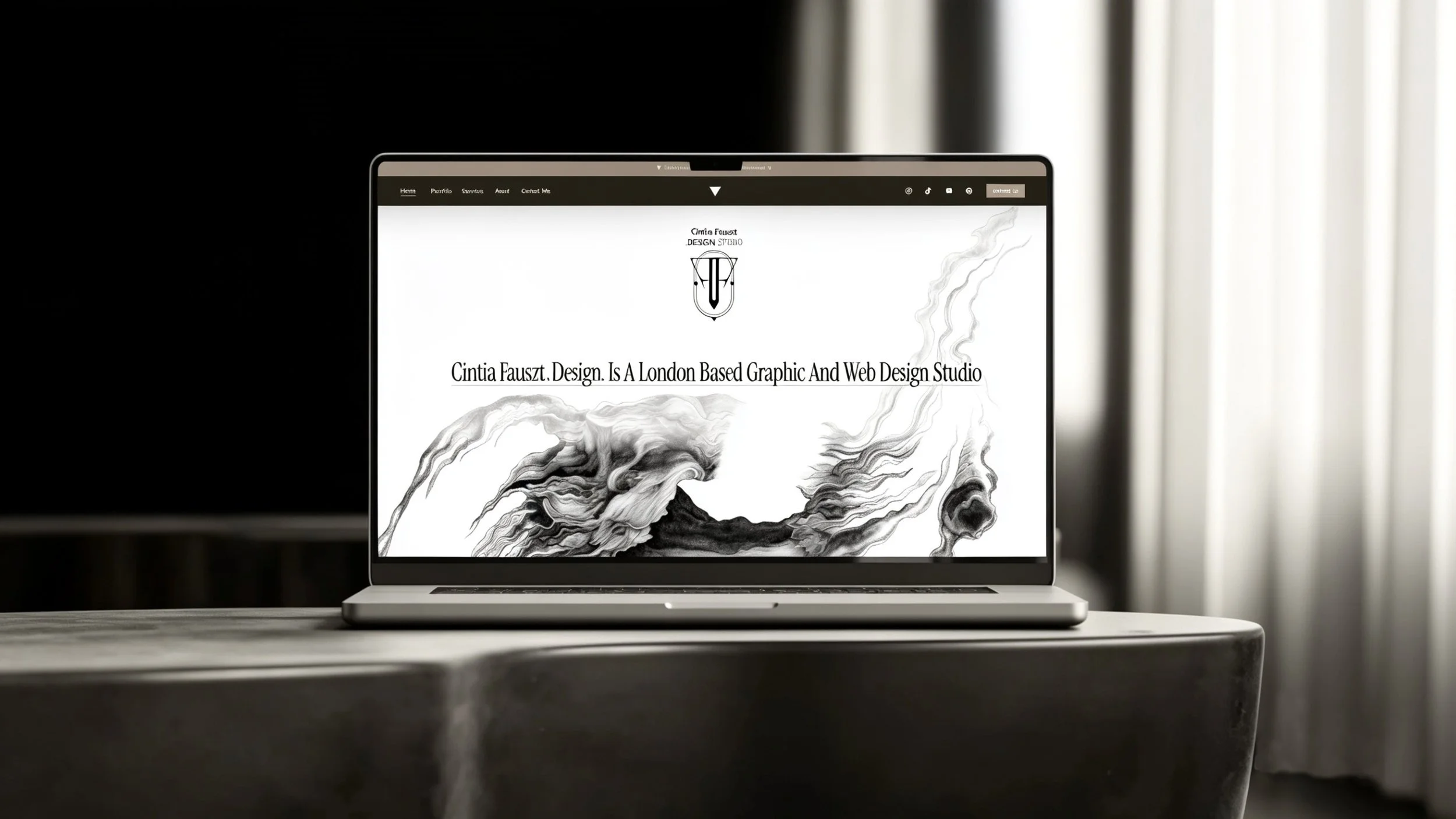 Laptop displaying a website of a design studio named Cintia Fauszt, with black and white abstract artwork and a shield logo.