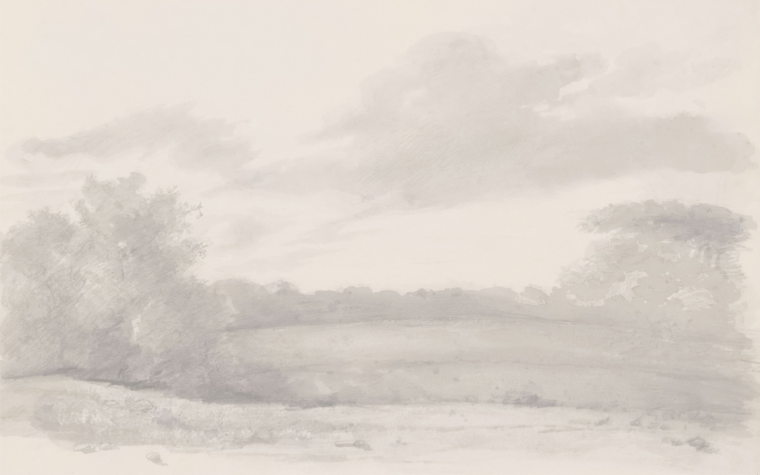 A watercolor painting of a misty landscape with trees and a calm body of water in the foreground.