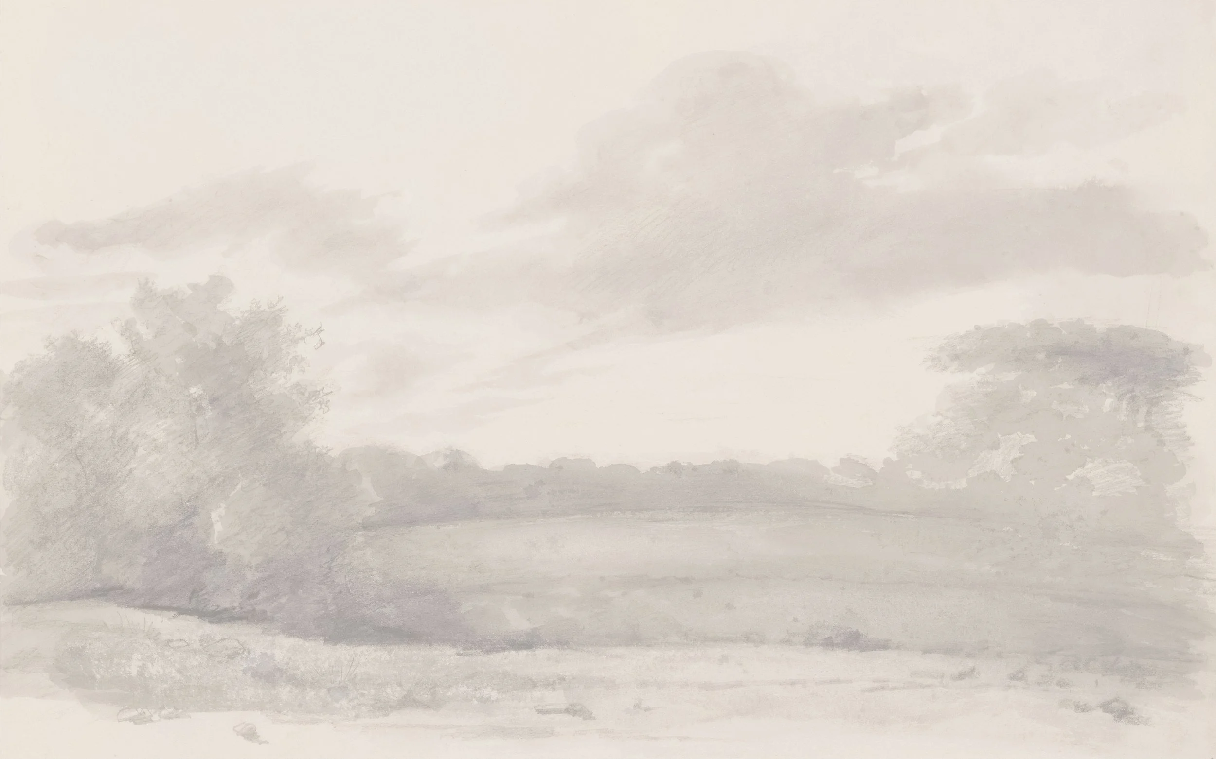 A watercolor painting of a cloudy sky over a landscape with trees and fields in grey tones.