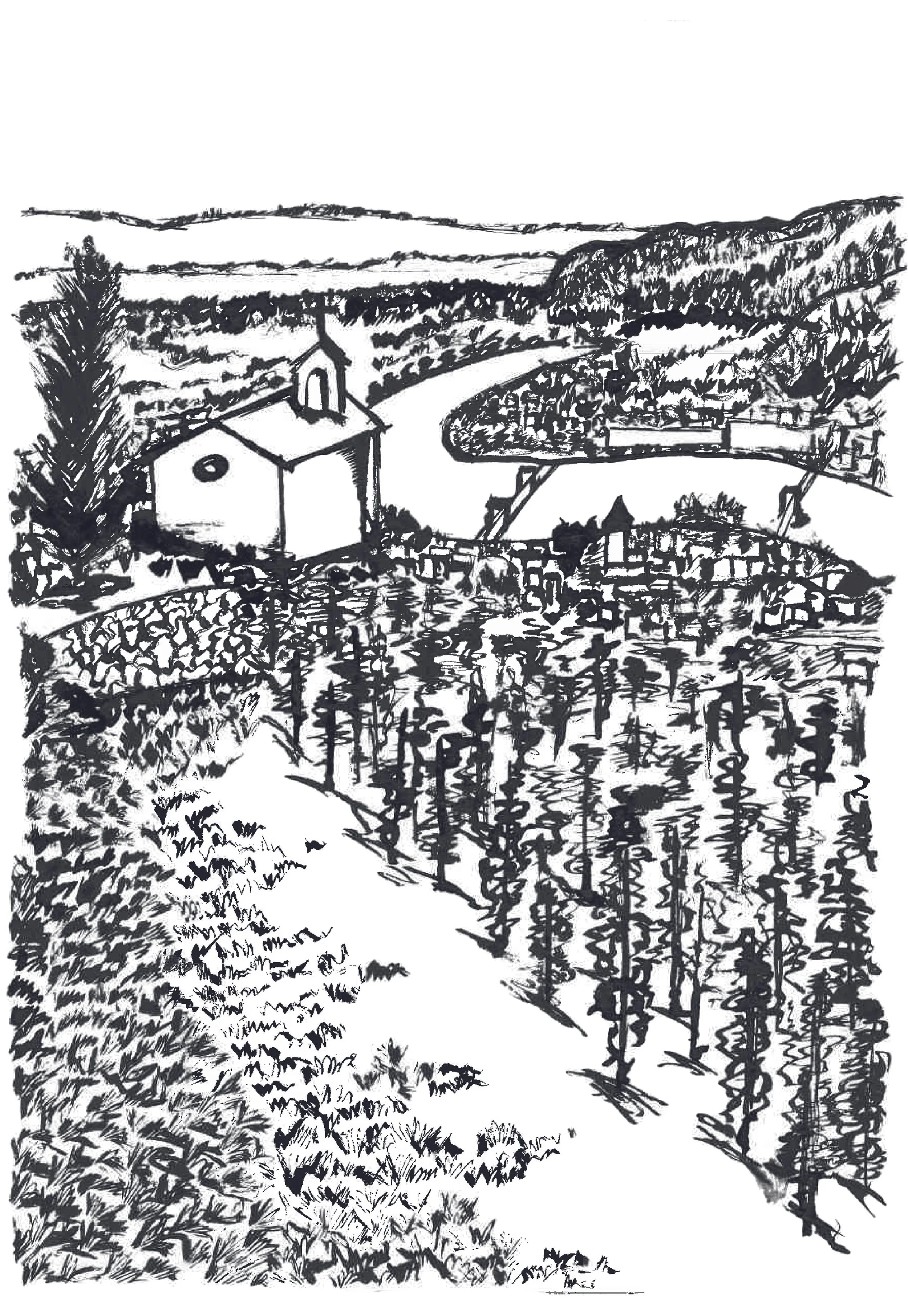 Black and white sketch of a rural landscape featuring a small church with a steeple, surrounded by trees, a river or canal with a curved bridge, a village with houses, and rolling hills in the background.