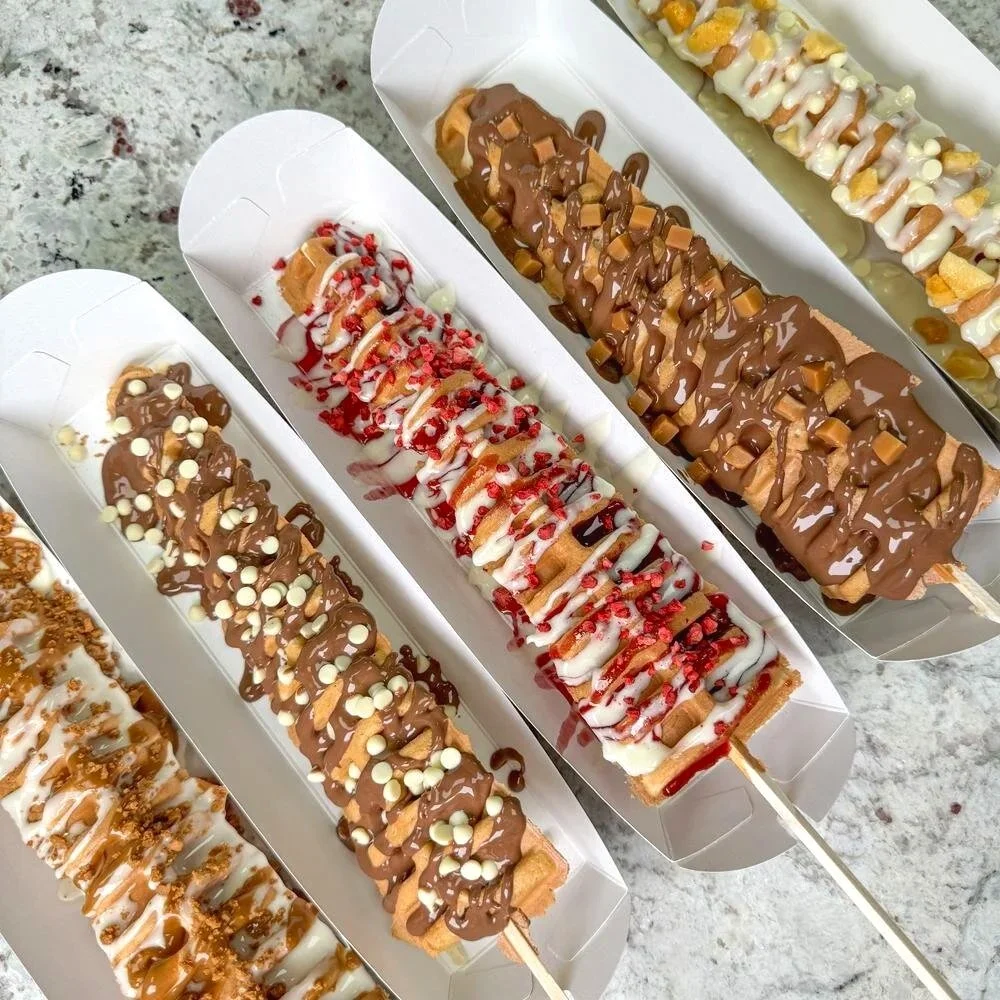 Delicious waffle sticks made to order with toppings of your choice. Perfect for weddings, corporate events, parties, festivals and more.
