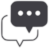 Een zwarte spraakballon met drie witte stippen en een witte pijl die uit de onderkant naar links wijst.