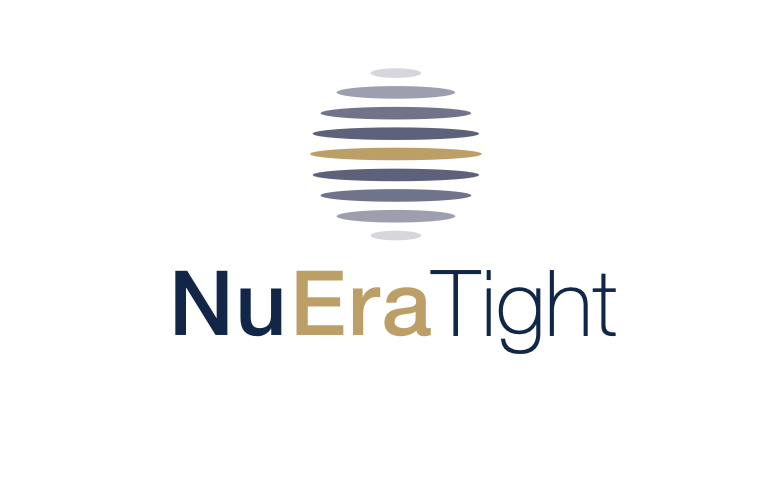 Logo of NuEraTight with a globe-like graphic made of horizontal lines above the text.