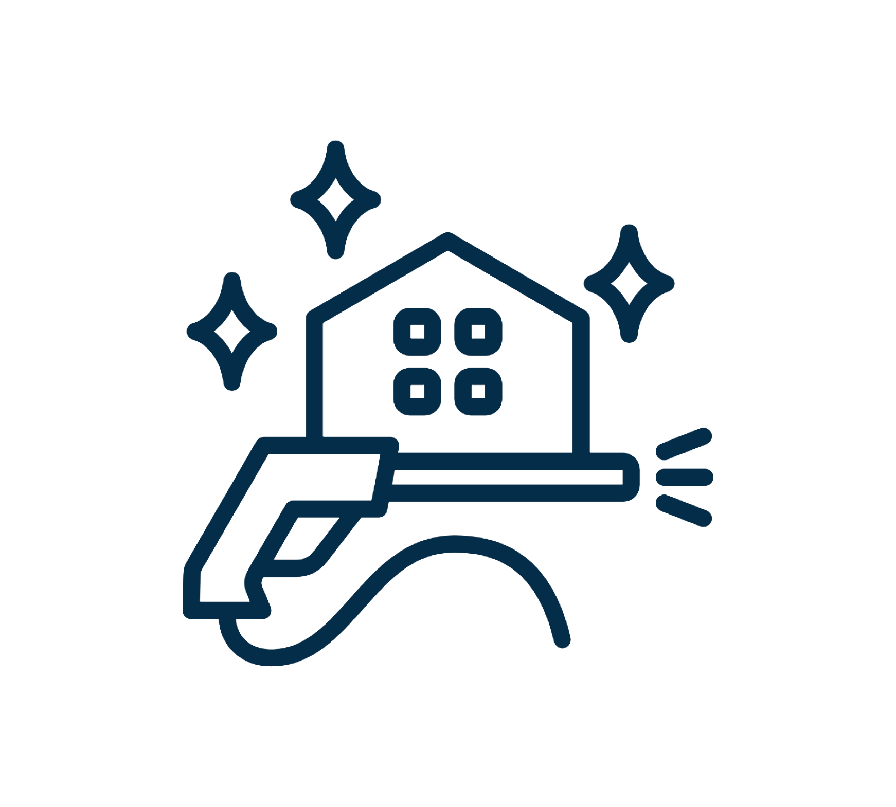 A line drawing of a house being cleaned with a handheld scrub brush, surrounded by sparkles indicating cleanliness.