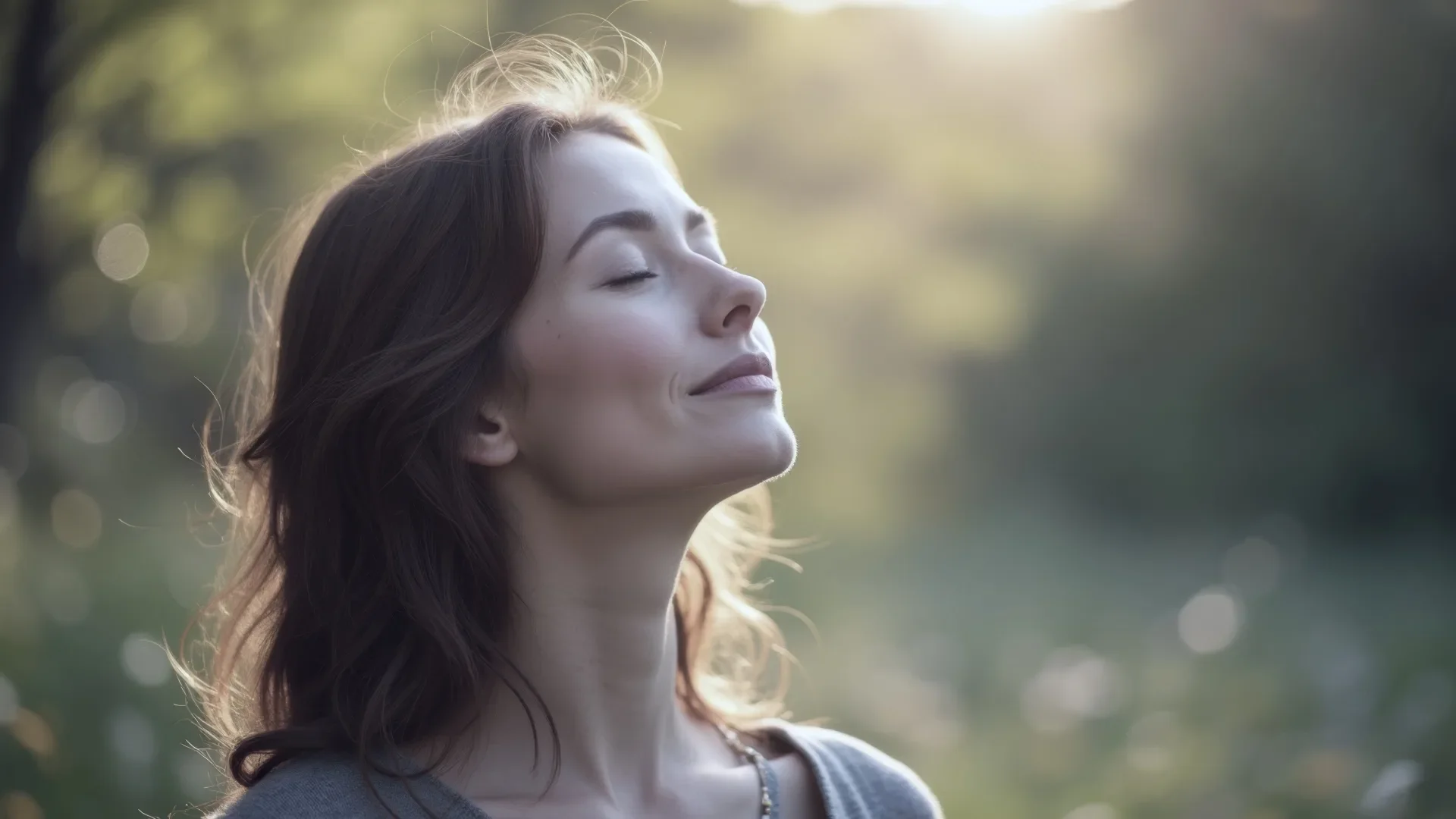 Eine Frau mit geschlossenen Augen, lächelnd, im Freien bei Sonnenlicht, umgeben von unscharfem grünen Hintergrund.
