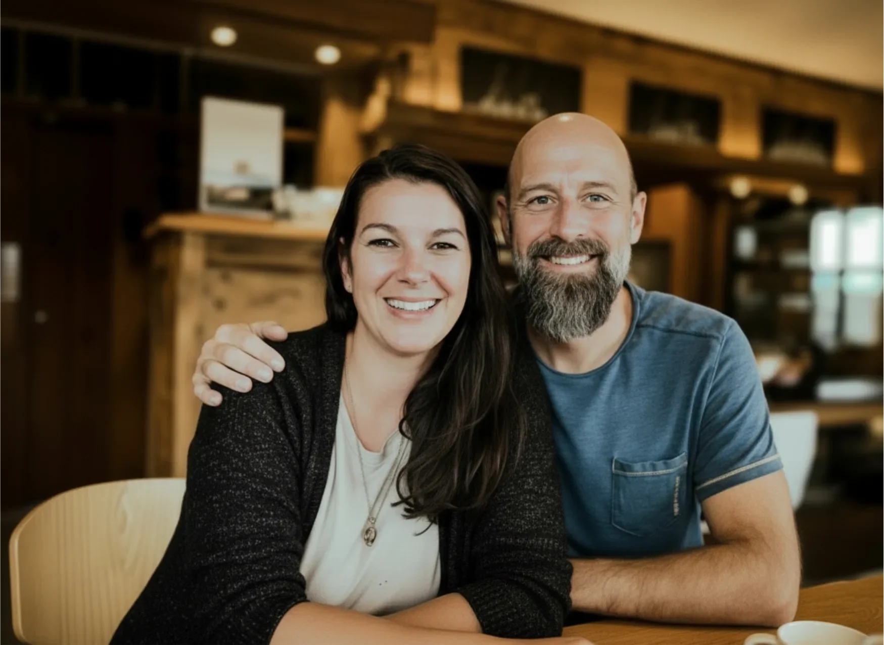 Die Besitzer des Kolmenhofs sitzen zusammen im Restaurant, die Frau hat dunkle Haare, der Mann ist bärtig und hat eine Glatze. Hintergrund mit Holzregalen und Dekoration.