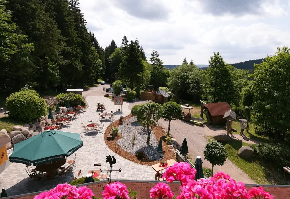 Blick von oben aus dem Fenster auf die Kolmenhof Terrasse, mit Tischen, Stühlen und Sonnenschirmen, umgeben von Bäumen, mit pinken Blumen im Vordergrund