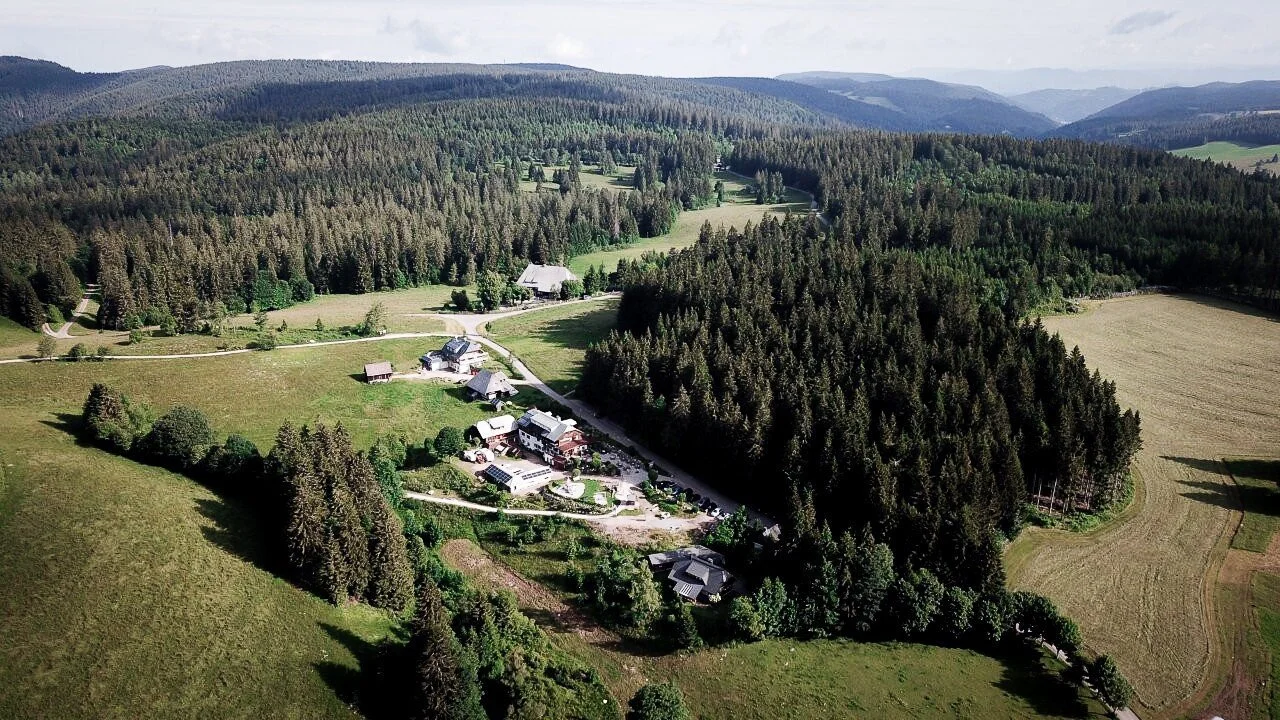 Luftaufnahme des Schwarzwalds und der Region rund um den Kolmenhof an der Donauquelle