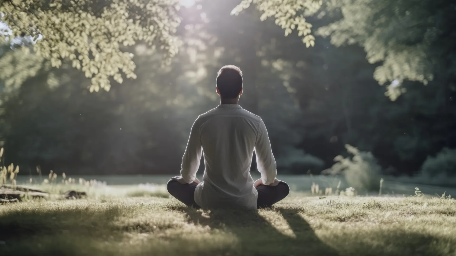 Eine Person sitzt im Schneidersitz auf einer Wiese in einem ruhigen, bewachsenen Park, umgeben von Bäumen, während die Sonne durch die Blätter scheint.