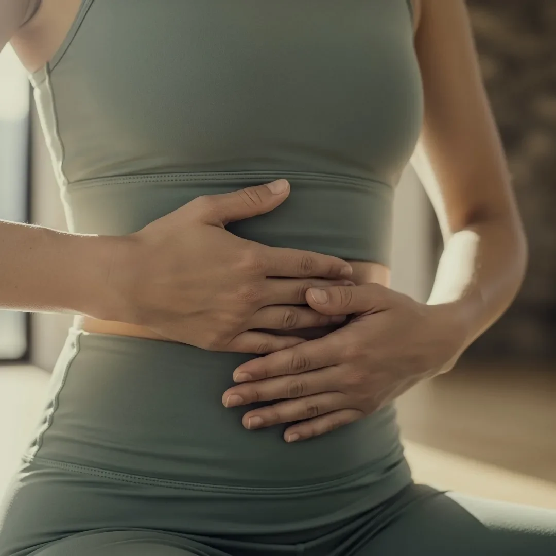 Frau in Sportbekleidung hält ihren Bauch mit beiden Händen beim Yoga oder Dehnen.