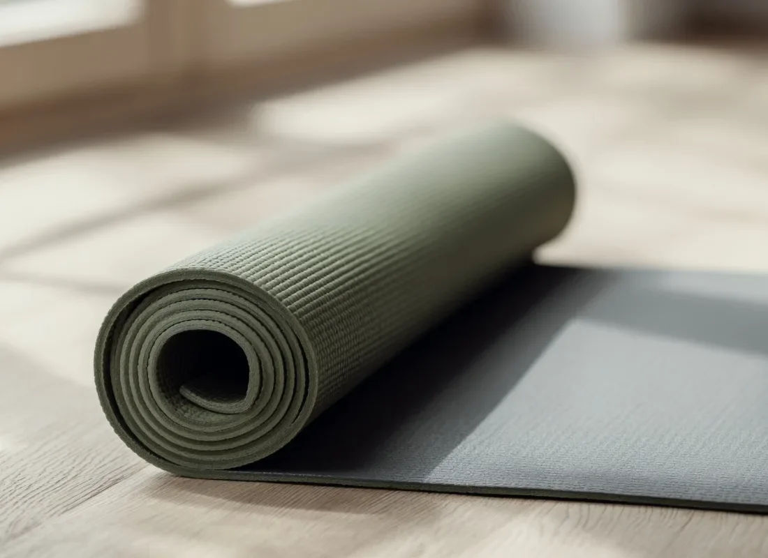 Eine grüne Yogamatte, die auf einem Holzboden gerollt ist.