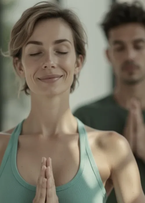 Eine Frau macht im Yoga oder bei Meditation die Haltung der Achtsamkeit, während ein Mann im Hintergrund ebenfalls meditiert.