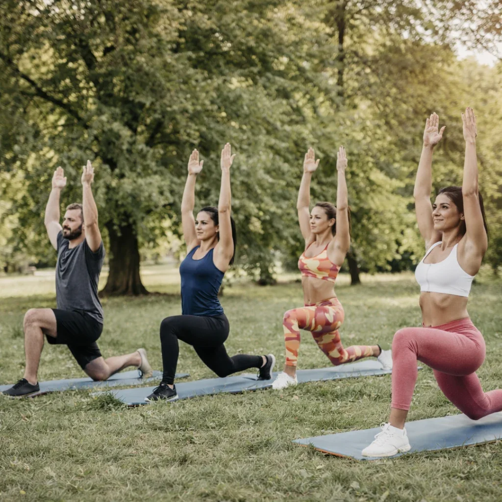 Vier Menschen, drei Frauen und ein Mann, machen Yogaauf einer Wiese indem sie auf einem Yogamatte in der Hocke die Arme nach oben strecken.