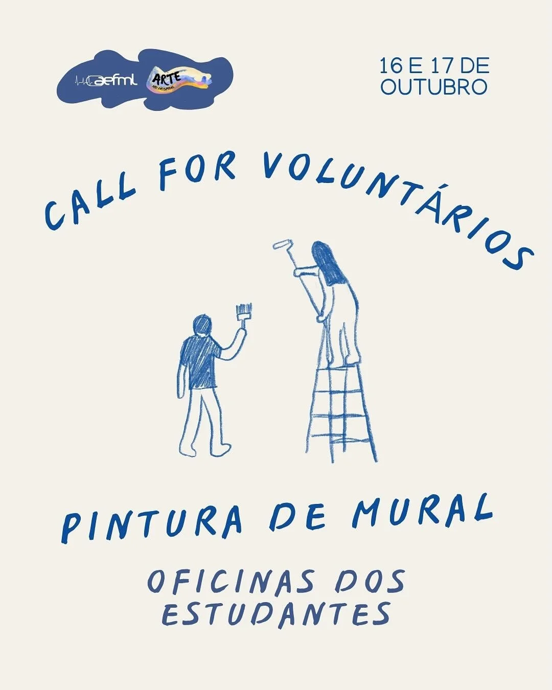 O novo espa&ccedil;o da AEFML vai ganhar um mural! Gostavas de contribuir?
Se gostas de pintar e tens boa energia, junta-te a n&oacute;s nos dias 16 e 17 de outubro! Vem ajudar-nos a tornar este espa&ccedil;o mais bonito.
Para te inscreveres preenche