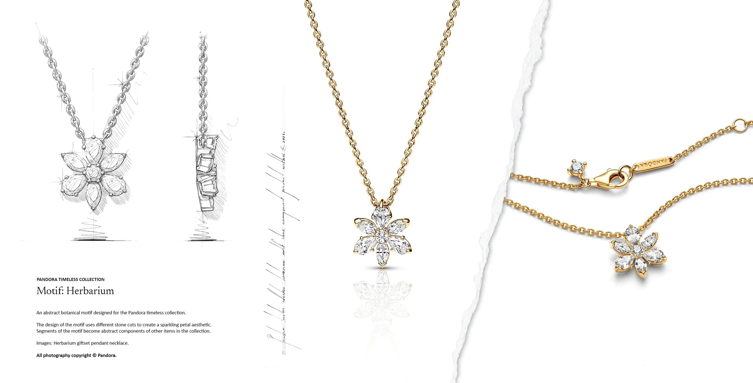 Pandora Herbarium gold pendant necklace with marquise-cut stone petals and botanical form, paired with jewellery design drawing sketch, jewellery design by Myles Day jewellery artist.