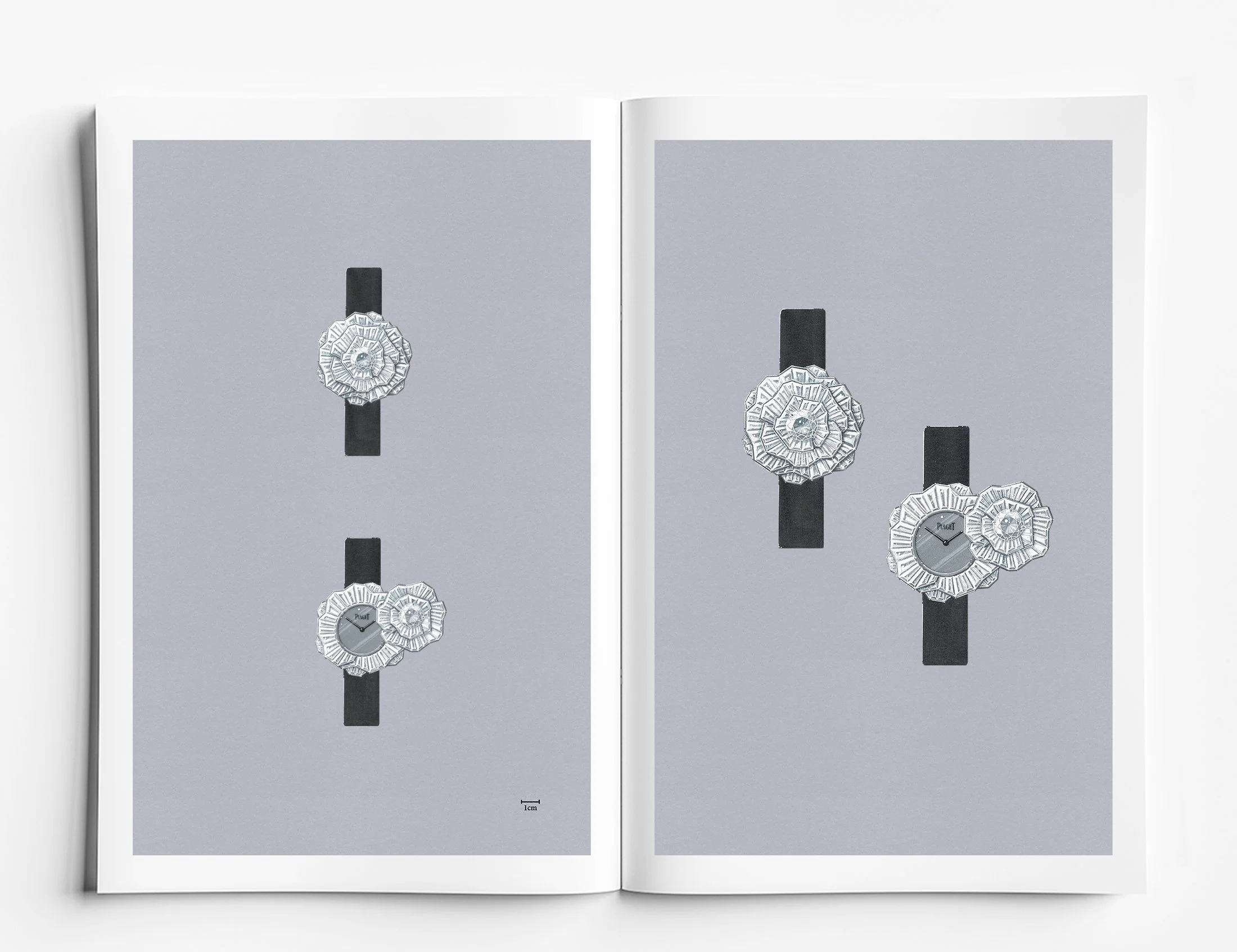 Gouache rendering of a high jewellery white gold and diamond secret watch with black strap by Myles Day Jewellery Artist