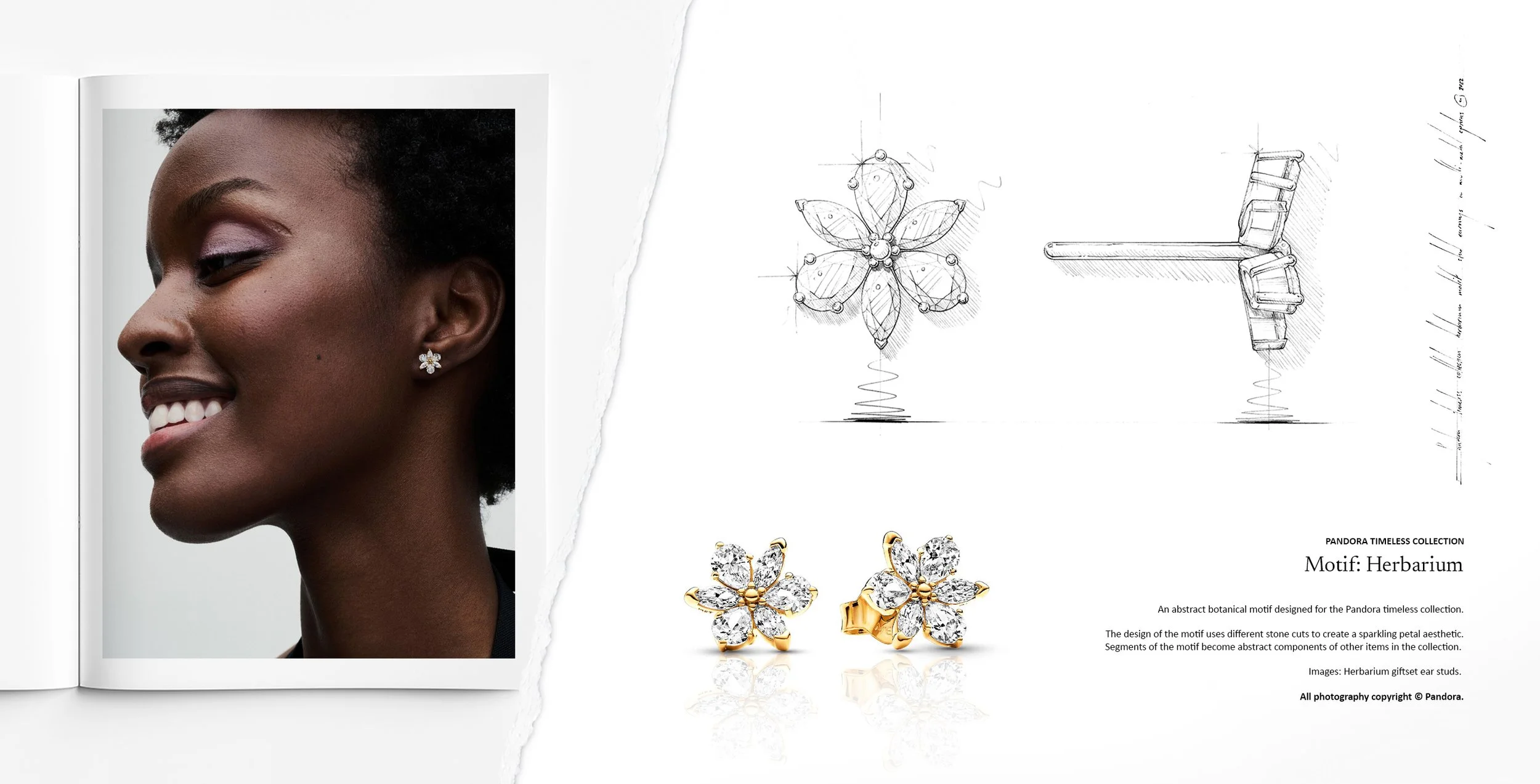 Pandora Herbarium gold stud earrings with abstract floral motif, shown with jewellery design drawing sketch, jewellery design by Myles Day jewellery artist.