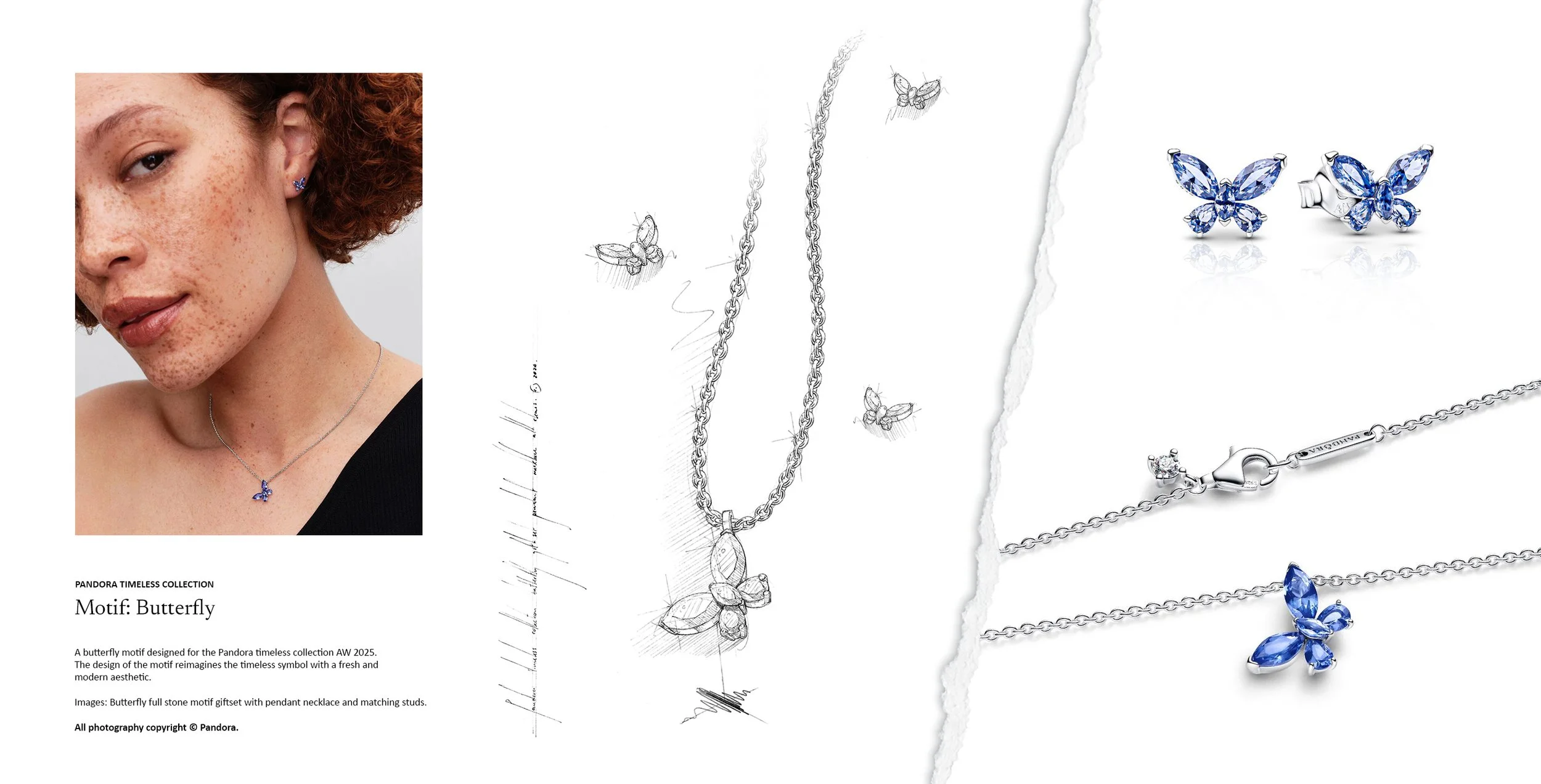 Butterfly motif full stone variation pendant necklace and stud earrings in blue stones from the Pandora Timeless Collection, shown with jewellery design sketches. Design by Myles Day Jewellery Artist.