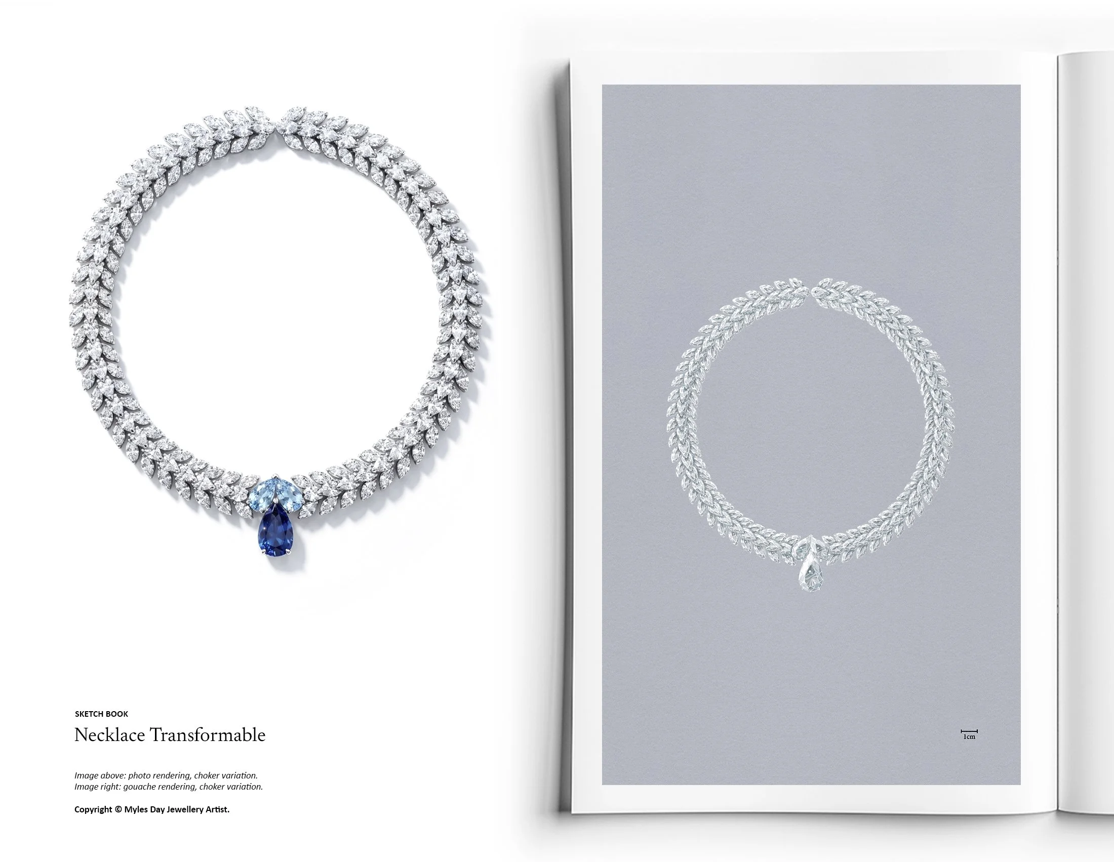 High jewellery transformable choker variation in diamonds and sapphires, luxury design concept by Myles Day Jewellery Artist