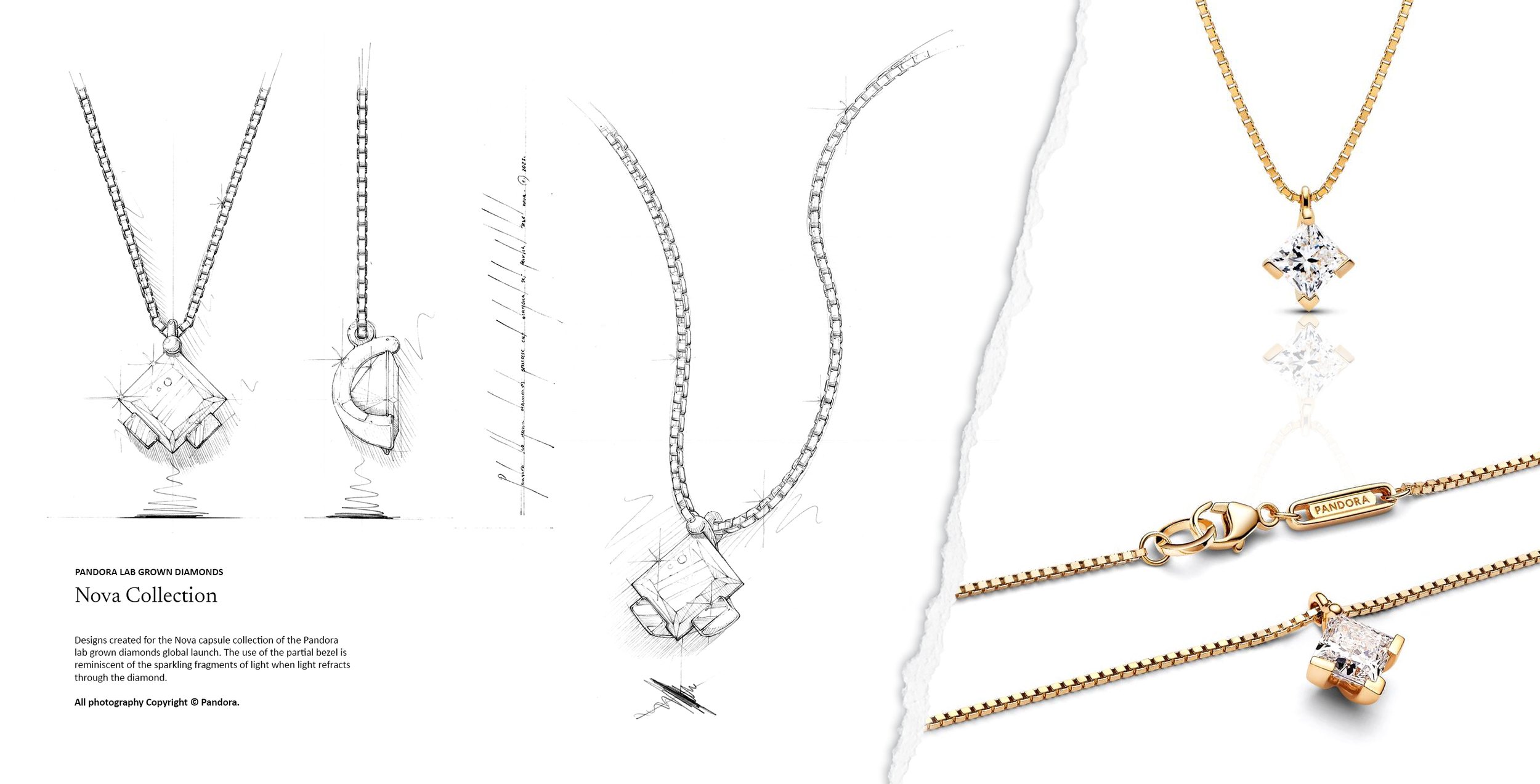 Jewellery design sketch and finished square lab grown diamond pendant from the Pandora Nova collection. Design by Myles Day Jewellery Artist.