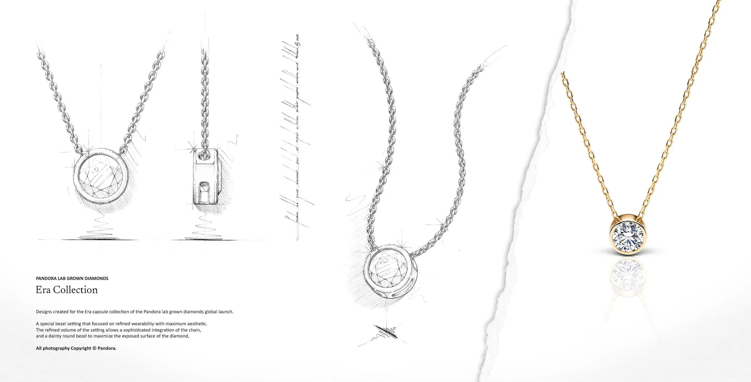 Jewellery design drawing and finished bezel set lab grown diamond pendant from the Pandora Era collection. Design by Myles Day Jewellery Artist.