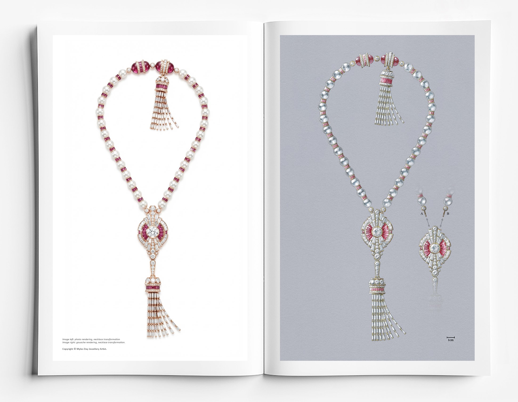 High jewellery transformable sautoir necklace gouache rendering showing necklace variations in rose gold with diamonds, pearls and rubellite by Myles Day Jewellery Artist