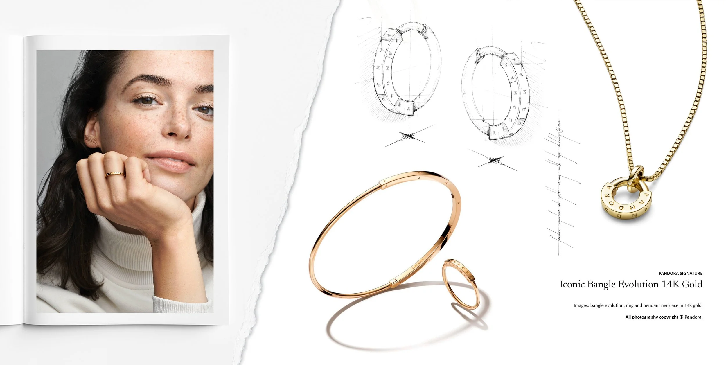 Pandora Signature 14K gold iconic bangle, ring and pendant necklace featuring engraved brand detailing, jewellery design and concept development by Myles Day Jewellery Artist.