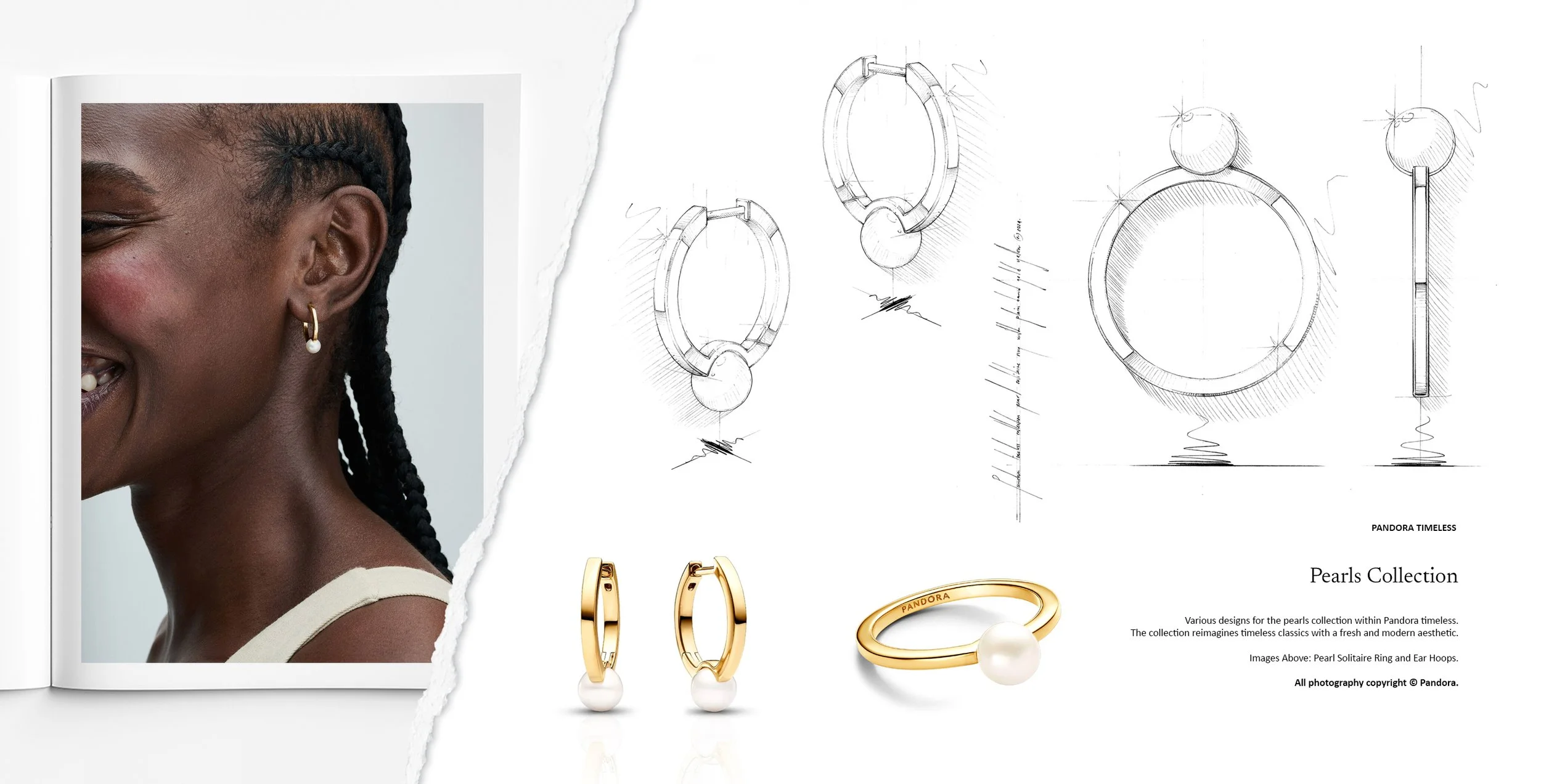 Pandora Pearls collection gold pearl hoop earrings and pearl solitaire ring, presented with detailed jewellery design sketches and finished pieces, designed by Myles Day Jewellery Artist.