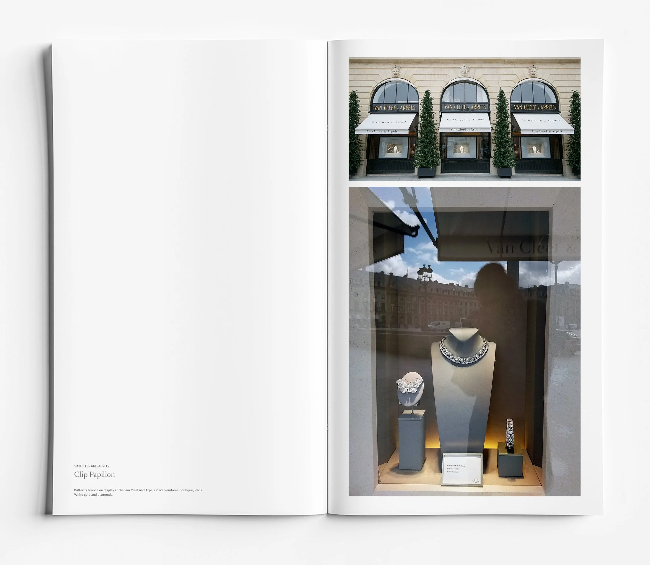 High jewellery butterfly brooch displayed at Place Vendôme Boutique, Paris, white gold and diamond masterpiece presented in luxury retail environment. High jewellery design showcased by Myles Day jewellery artist.