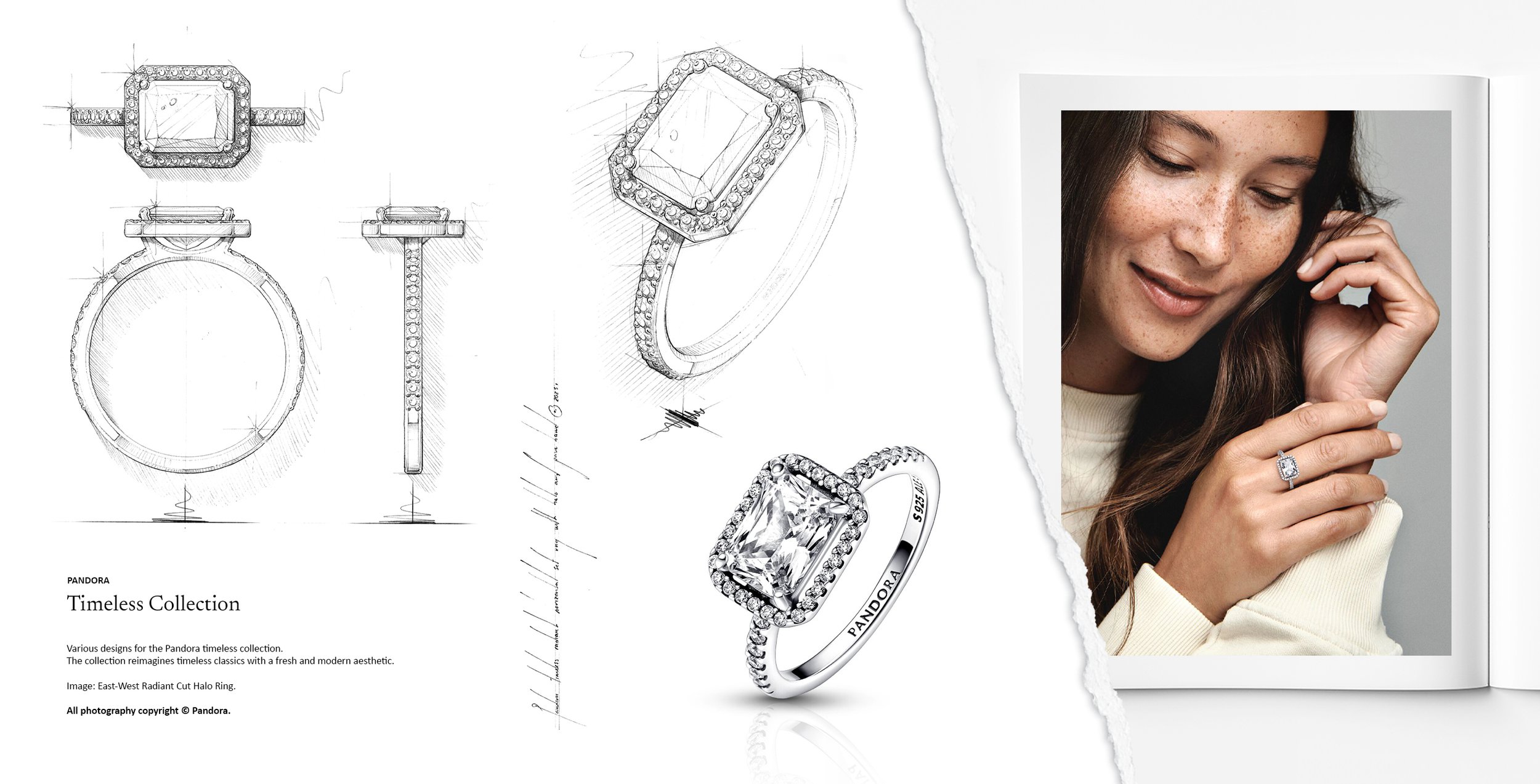 Pandora Pavé collection east-west radiant cut halo ring with pavé band, including original jewellery design sketches and final product render, showcasing professional jewellery design and sketching by Myles Day Jewellery Artist.