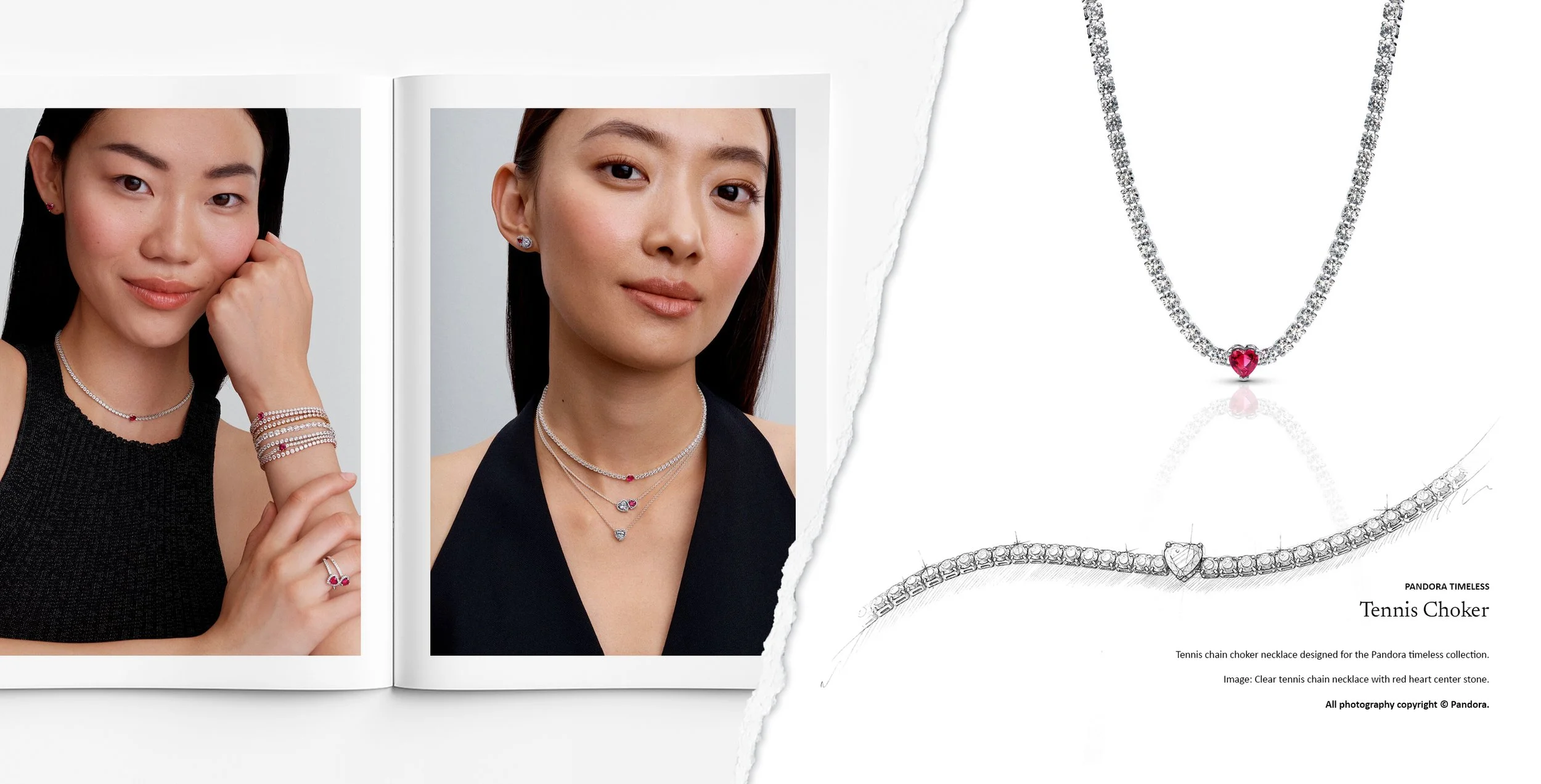 Pandora heart tennis chain choker necklace with red heart centre stone, presented with detailed jewellery design sketching and finished execution by Myles Day Jewellery Artist.