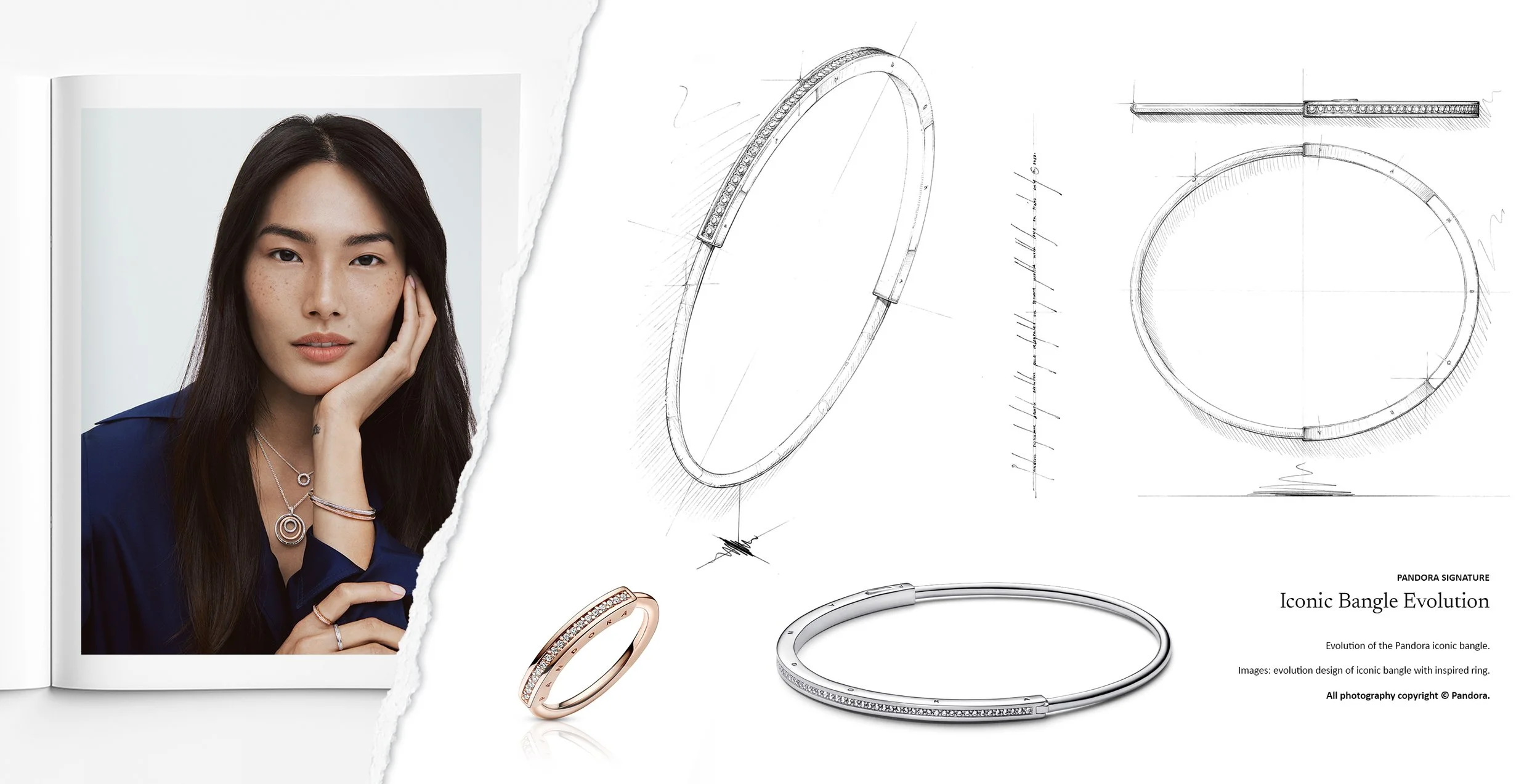 Pandora Signature Iconic Bangle Evolution in 14K gold with coordinating ring and earrings, developed from initial jewellery design sketches by Myles Day Jewellery Artist.