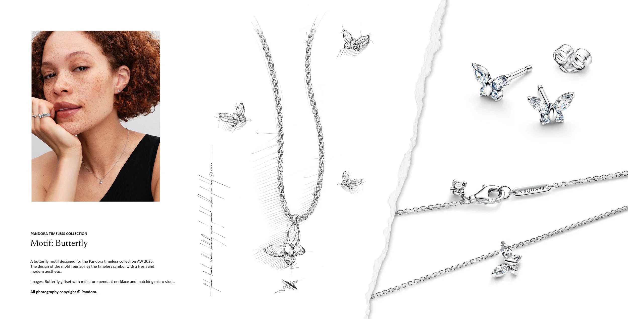 Butterfly motif pendant necklace and matching stud earrings shown with jewellery design sketches from the Pandora Timeless Collection. Design by Myles Day Jewellery Artist.