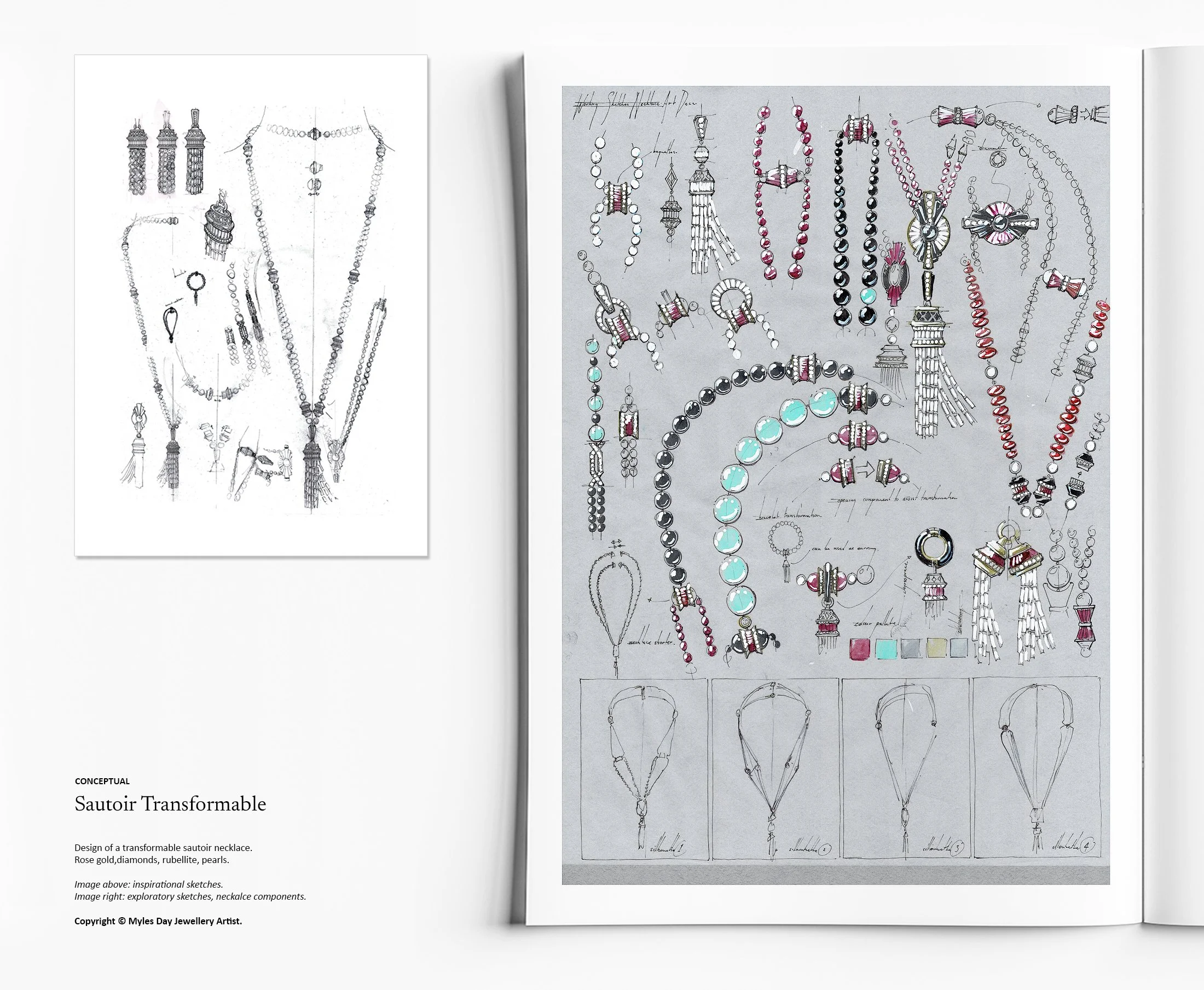 Exploratory sketches for a high jewellery transformable sautoir necklace in rose gold with diamonds, pearls and rubellite by Myles Day Jewellery Artist