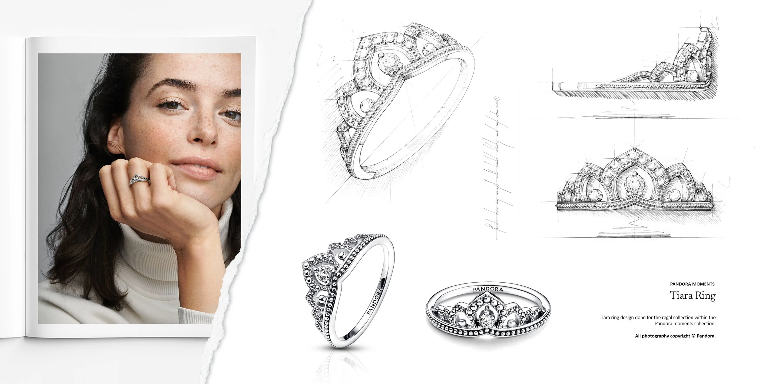 Pandora Moments sterling silver tiara ring shown with concept sketches and technical jewellery design development by Myles Day Jewellery Artist.
