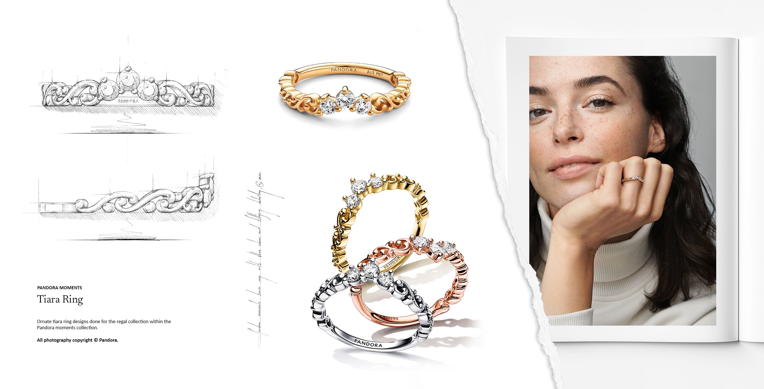 Pandora Moments tiara ring designs in sterling silver, 14k gold-plated and rose gold-plated finishes with round brilliant stones, jewellery design by Myles Day Jewellery Artist.